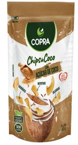 Chips de Coco Orgânico Copra com 60 gramas nos sabores: Canela e Açúcar de Coco, Gengibre e Açúcar de Coco