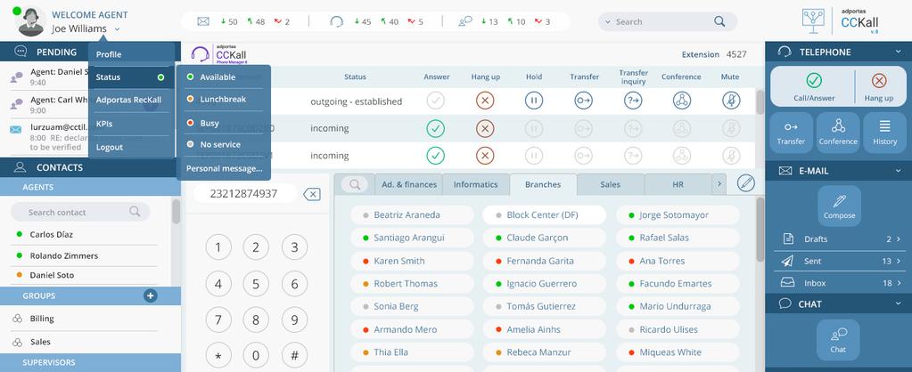 Opcionalmente, o supervisor pode fazer o login / logout de um agente a partir da