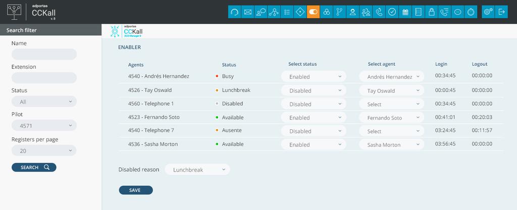 Visão da interface web de supervisão mostrando os estados dos agentes: 3.