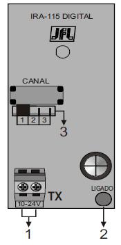 6 - CANAL: Seleciona o canal que o sensor irá trabalhar. Transmissor 1 ALIMENTAÇÃO: 10 a 24Vdc ou 10 a 24Vac 2 - LIGADO: LED que indica transmissor ligado.