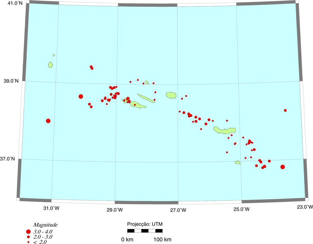 Na Tabela 2 apresenta-se a informação referente ao único sismo com epicentro no arquipélago da Madeira e região adjacente. Os parâmetros listados na tabela são idênticos aos da Tabela. Tabela 2. Listas de sismos no Arquipélago da Madeira e área adjacente julho 2 2-7-6 (ML) 2:4:43 367-6.