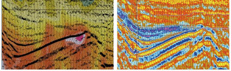 39 velocidades sísmicas de boa resolução: aquisição, processamento e migração tempo vs profundidade. Figura 2.10 Comparação entre análise de velocidade convencional por traços sísmicos (esq.
