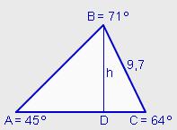 Os ángulos dun triángulo escaleno miden 45º, 64º e 71º e o lado menor mide 9,7 cm. Calcula o perímetro.