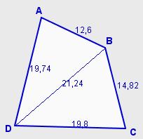 Calcula o perímetro e a área do trapezoide cos datos que se indican: AB=1,6 cm. BC=14,8 cm. CD=19,8 cm. DA=19,74 cm. DB=1,4 cm.