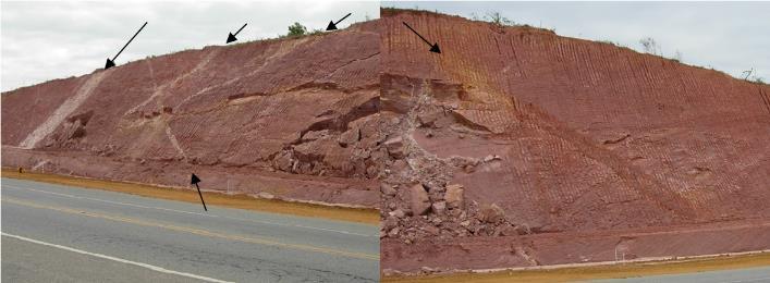 Figura 7 - Veios de intrusão de outros minerais na rocha mãe, visíveis na massa de solo residual jovem. Os dados geométricos do talude são apresentados na Tabela 1.