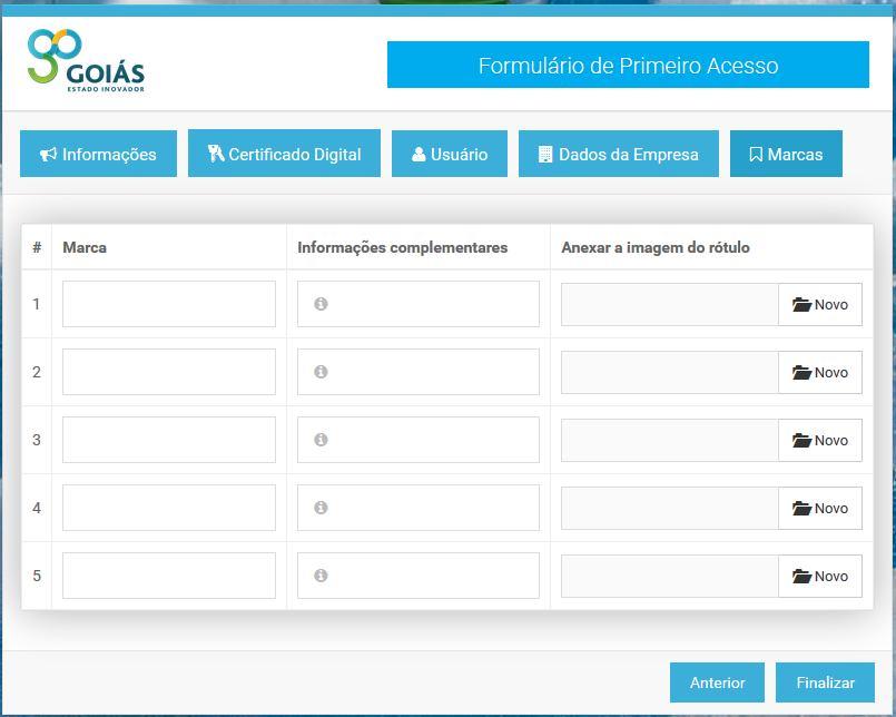 Dados do marca: Informe a(s) marca(s) e demais informações como: Condições termais, PH do poço, etc. Fique atento à descrição da marca e digite até 15 caracteres.