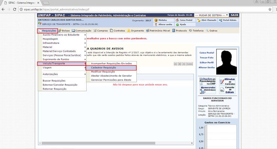 Após acessar o Portal Administrativo, ir até o menu Requisições>>Material>>Solicitar em uma Intenção>>Cadastrar