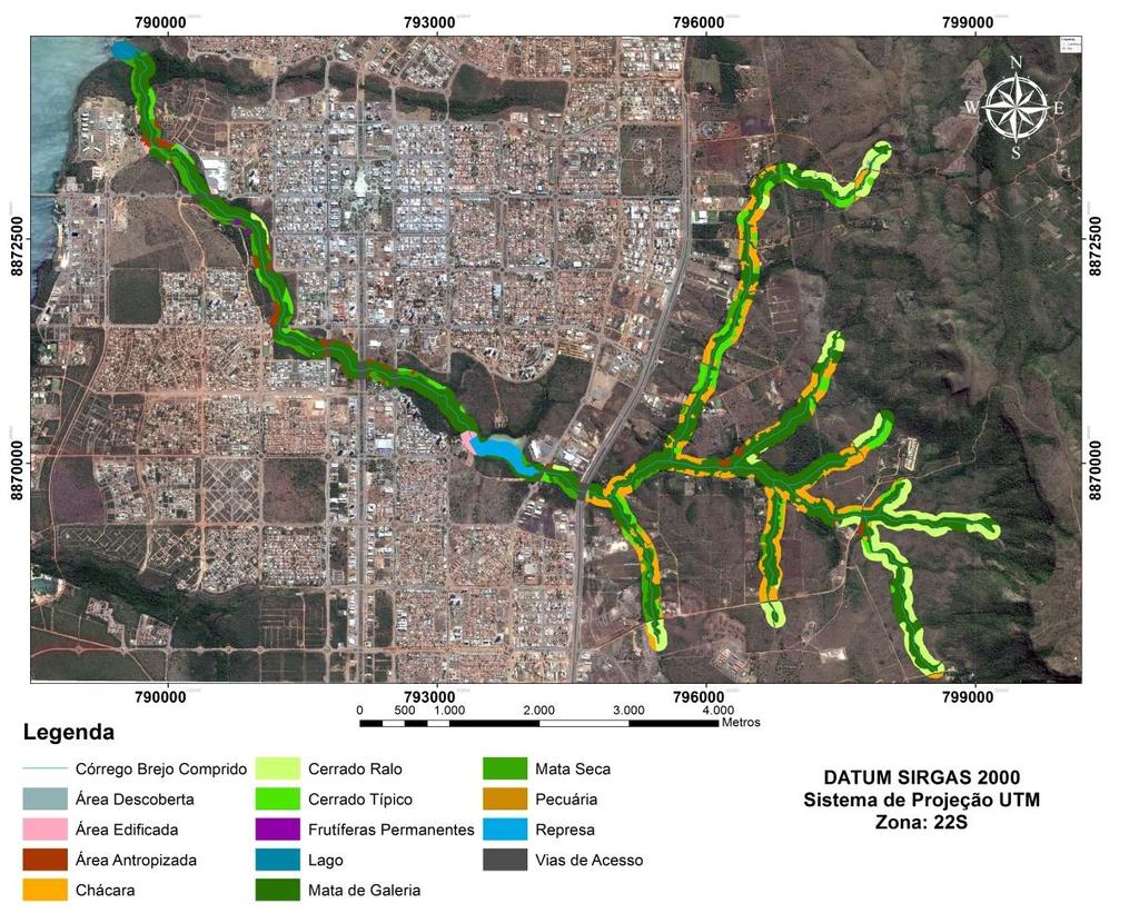 Figura 2 Carta de uso e cobertura do solo entorno ao Córrego Brejo Comprido. Tabela 2 Áreas das classes de uso e cobertura do solo.