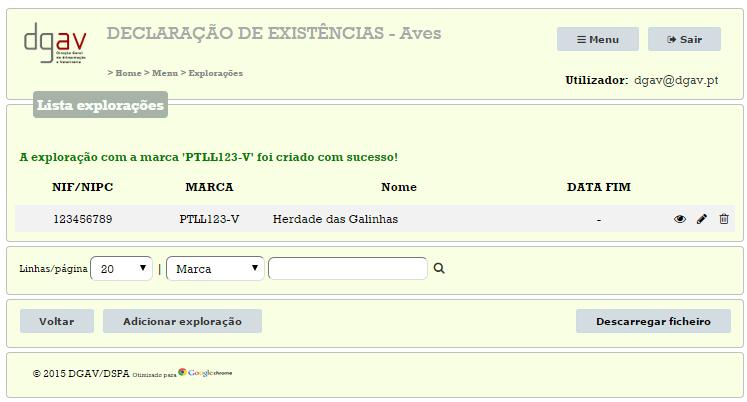 6. Se a validação da informação dos campos for bem sucedida surgirá de novo a janela da listagem das explorações, desta vez com o registo da exploração acabada de adicionar. (Figura 13) Figura 13 7.