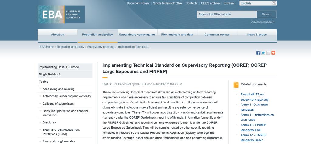 Links úteis ITS on Supervisory Reporting - http://www.eba.europa.