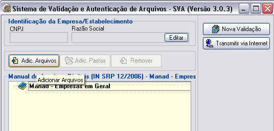 9) Na próxima tela, clicando em Adic.Arquivos indique o local onde o arquivo Txt, gerado pelo Contábil.