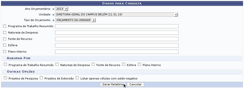 Informar o Ano Orçamentário; Informar a unidade desejada; Informar outros parâmetros e/ou agrupamentos opcionais: Ex.