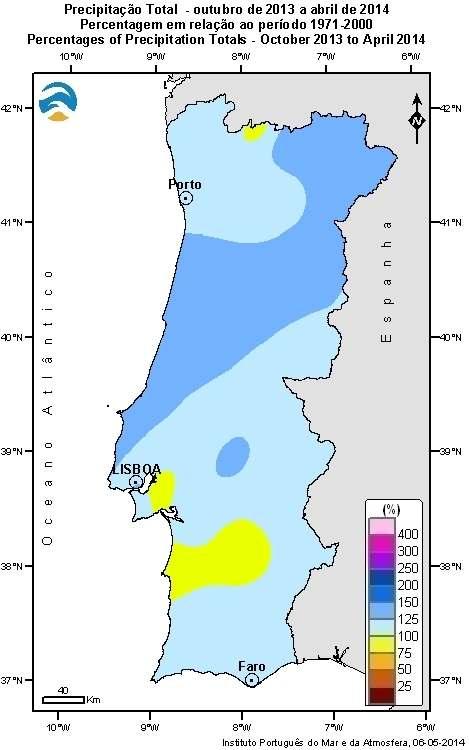 Em termos de percentagem, em relação ao valor médio no período 1971-2000, os valores de precipitação, são superiores ao normal