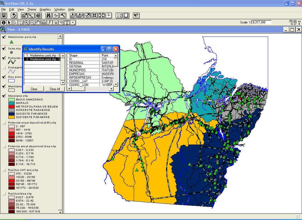 38 Figura 4 Tela de visualização do Software Arcview 3.2. Fonte: DEUS, T. 2014. 3.3. SELEÇÃO DE MADEREIRAS PARA ANÁLISE Para a avaliação da eficiência e potencial energético dos resíduos das empresas