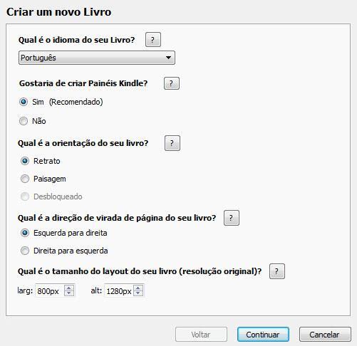 2.2 Como inserir e editar configurações de livro Use as configurações de livro opcionais e obrigatórias para definir a aparência e as funções de seu livro. 2.2.1 Como definir as configurações para um novo livro Para inserir as configurações para um novo livro: 1.