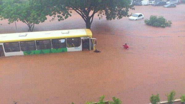 Internauta flagrou carros e ônibus submersos em alagamento na W3 Norte, na altura da 511.