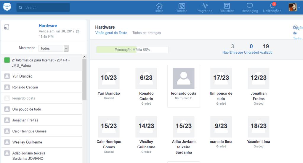 Resultados dos testes Após a publicação de um teste é possível verificar os alunos que o completaram através da opção