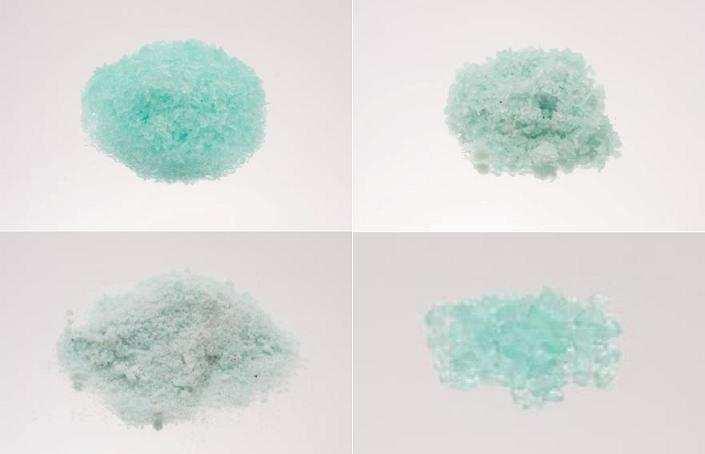 Figuras 35. Sulfato ferroso produzido a partir de rejeitos de carvão, cristalizado no fundo do béquer dos experimentos com reatores de radiação UV e purificado com álcool etílico. Figura 36.