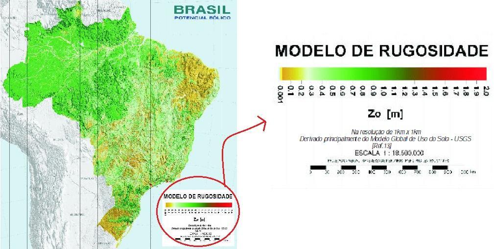 Figura 2: Rugosidade do terreno do Brasil Fonte: Adaptado do Atlas do potencial eólico brasileiro (CRESESB) Após serem calculadas as velocidades do vento nas demais altitudes utilizou-se a equação 2