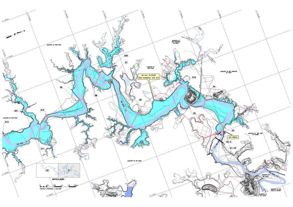 Estudos para o pedido de Outorga Reservatório: Delimitação da área em mapa (QTR = 100 anos); Realização de