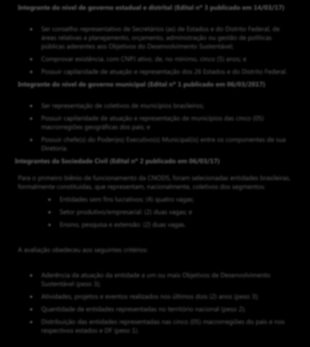 Estados e do Distrito Federal, de áreas relativas a planejamento, orçamento, administração ou gestão de políticas públicas aderentes aos Objetivos do Desenvolvimento Sustentável; Comprovar