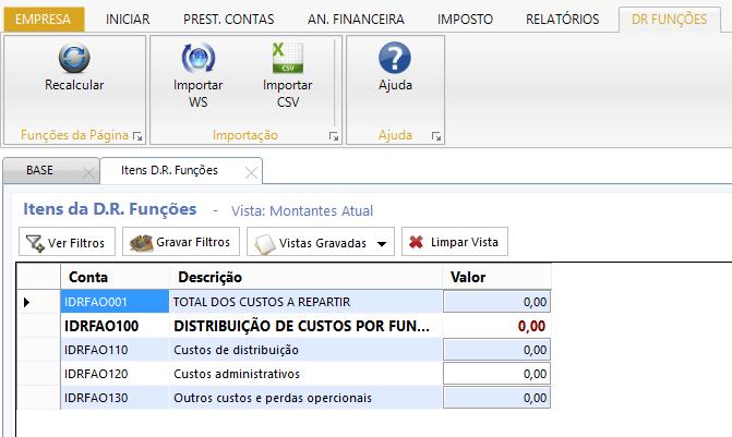 3.1.3. Resultados por Funções Para visualizar e alterar os valores do Resultado por Funções, deve ir ao menu da Prestação de Contas e escolher a opção Itens DRF nos Inputs Itens.