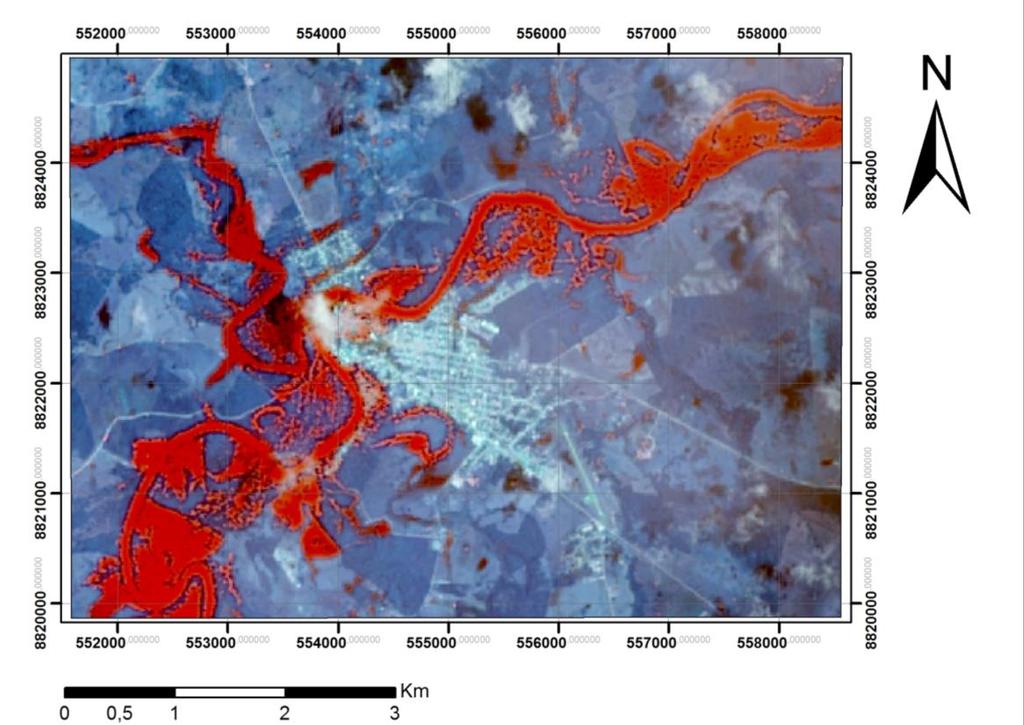 Figura 1 Imagem Landsat-8 modificada, com as bandas B4, B7 e B6 fusionadas: áreas inundadas em tonalidades avermelhadas.