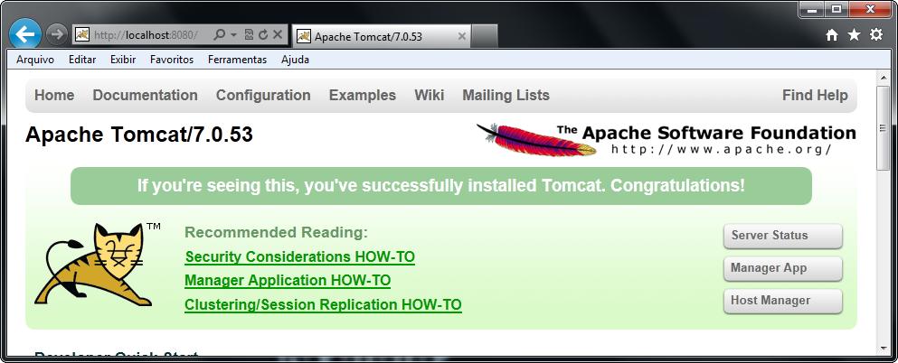 6. Após ter finalizado o Tomcat já pode ser acessado pelo Navegador Web.