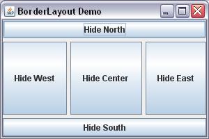BorderLayout Os componentes devem ser adicionadas a regiões nomeadas no gerenciador de layout, caso contrário não ficarão visíveis: NORTH, SOUTH, EAST, WEST, CENTER Norte e Sul têm prioridade sobre