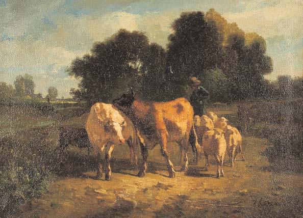758 A. CORTÉS - SÉC. XIX "Paisagem com gado", óleo sobre tela, pequenos restauros, assinado Dim. - 59 x 81 cm 3.000-4.