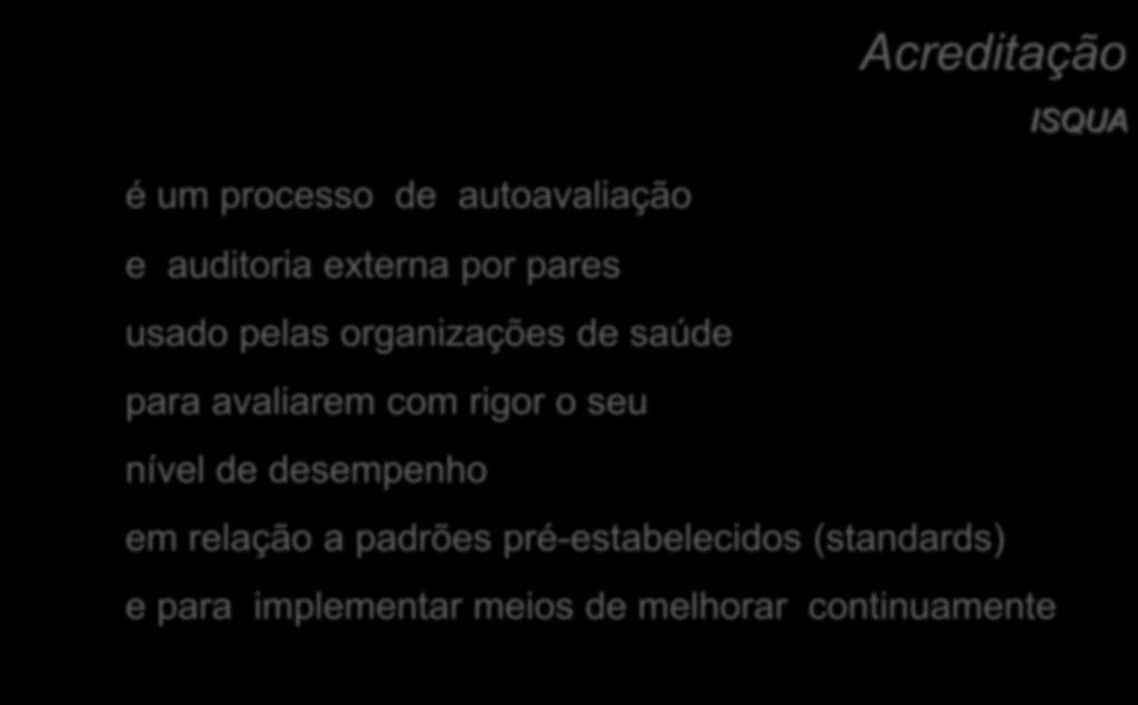 Acreditação ISQUA é um processo de autoavaliação e auditoria externa por pares usado pelas organizações de saúde para avaliarem com