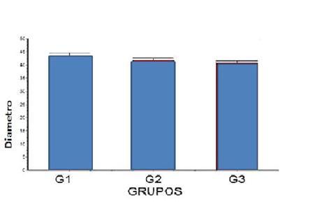 36 4.2.5 Diâmetro dos grânulos de ANP tipo B Os valores das médias e desvios-padrões relativos ao diâmetro dos grânulos de ANP (nm) do tipo B nos 3 grupos estudados estão apresentados na figura 12.