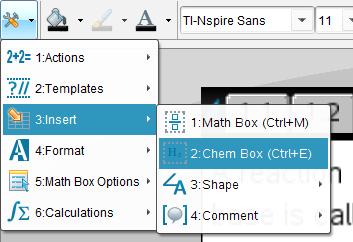 Esta acção abre uma Caixa Química na qual pode introduzir uma fórmula química ou uma equação química. Por exemplo, se introduzir CaCO3, o 3 é automaticamente formatado como índice.