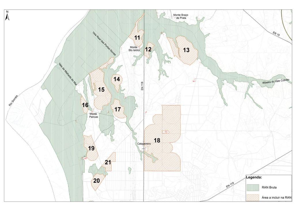 Figura 6 - Pormenor das áreas 11 a 21 a incluir no regime da RAN na freguesia de Samora Correia O quadro seguinte quantifica a área da RAN Bruta e a área a incluir na RAN: