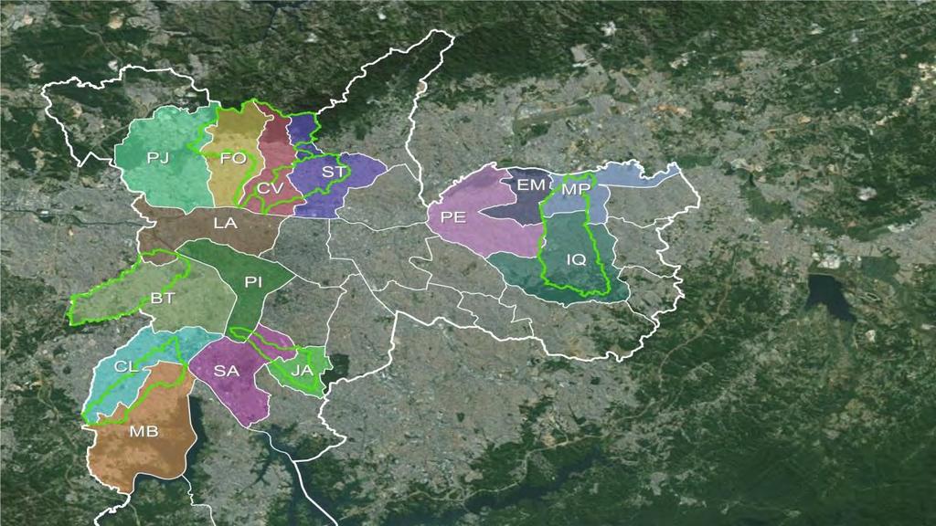 Bacias Selecionadas e Subprefeituras 15 Subprefeituras: PJ - Pirituba-Jaraguá FO - Freguesia-Brasilândia CV - Casa Verde- Cachoeirinha ST - Santana Tucuruvi LA - Lapa