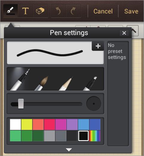 Utilidades Altera o tipo de caneta Altera a espessura da linha Altera a cor da caneta Exibe mais cores. Ajusta a transparência do destaque Para alterar a página de fundo, toque em Alt. plano fundo.