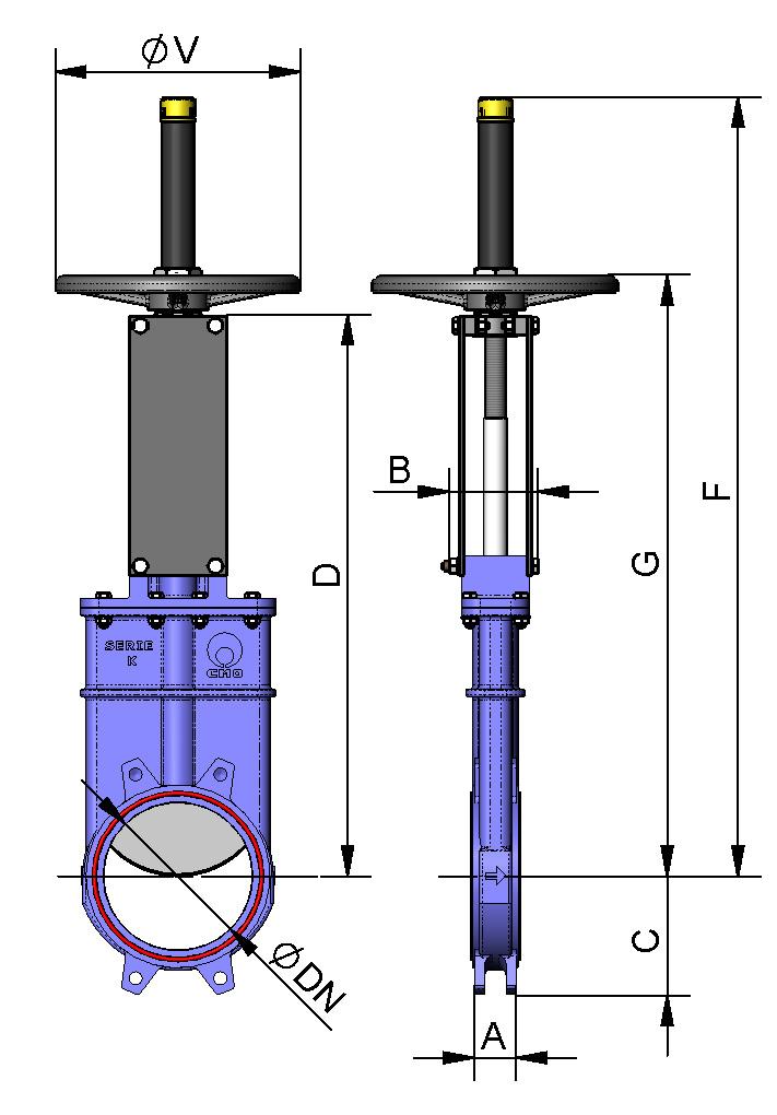 VOLANTE com fuso ascendente B = largura máx. da válvula (sem accionamento). D = altura máx. da válvula (sem accionamento). Opções: Bloqueadores. Extensões: coluna, tubo, placas.