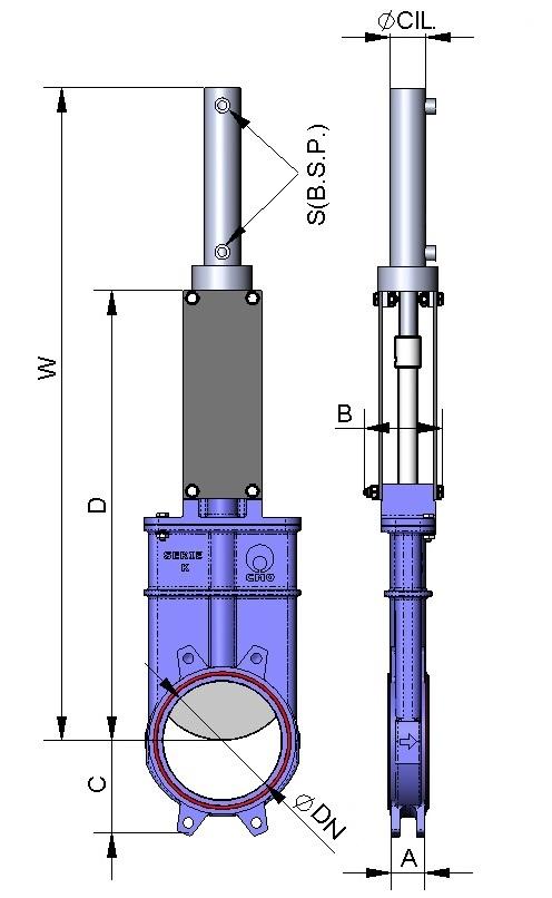 ACCIONAMENTO HIDRÁULICO (pressão de óleo: 135 kg/cm 2 ) B = largura máx. da válvula (sem accionamento). D = altura máx. da válvula (sem accionamento). O accionamento hidráulico é composto pelo seguinte: Cilindro hidráulico.