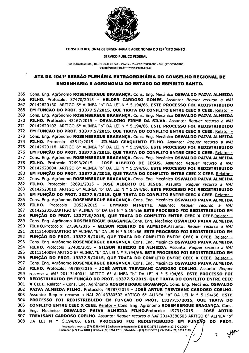 Rua Irldro Benezath.48 Enseada do Sua Vitória ES CEP: 29050-300 Tel (27) 3334-9900 creaesecreaes.org.br www.creaes.org.br ATA DA 1041' SESSÃO PLENÁRIA EXTRAORDINÁRIA DO CONSELHO REGIONAL DE 265 Cons.