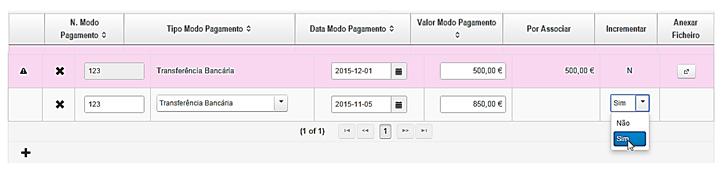 3. Recolha de Documentos de Despesa Separador Modos de Pagamento A opção Incrementar