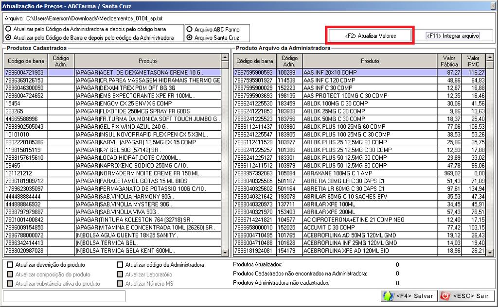 Após integrar o arquivo, o sistema irá carregar a lista à direita intitulada Produtos Arquivo Administradora.