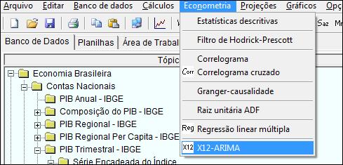 130 Para ajustar séries no ABIMAQdados usando o X12-ARIMA, clique em Econometria no menu principal e a seguir clique em X12-ARIMA. O mesmo efeito é obtido clicando-se no ícone da barra de ferramentas.