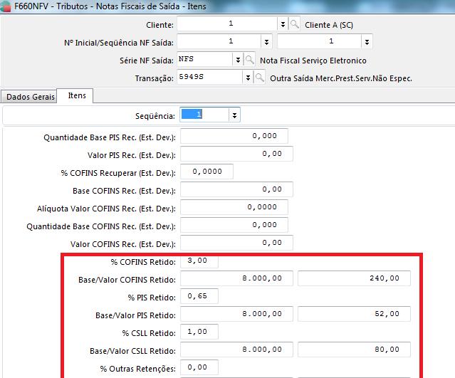 - Valores da nota fiscal após integração para tributos: Ao realizar o calculo dos impostos 47 e 48, os valores referente ao PIS e COFINS retido serão abatidos caso na transação da nota fiscal existir