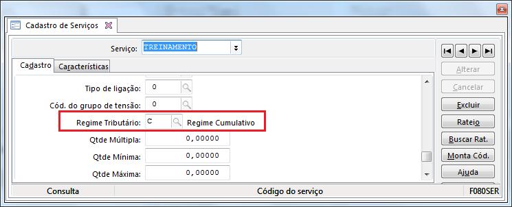 Regime Tributário igual a C Regime Cumulativo: F075PRO - Cadastros