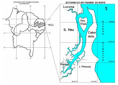 Figura 1. Mapa de localização do rio Paraíba do Norte, em destaque a área de estudo (Fonte: Adaptado de Marcelino, 2).