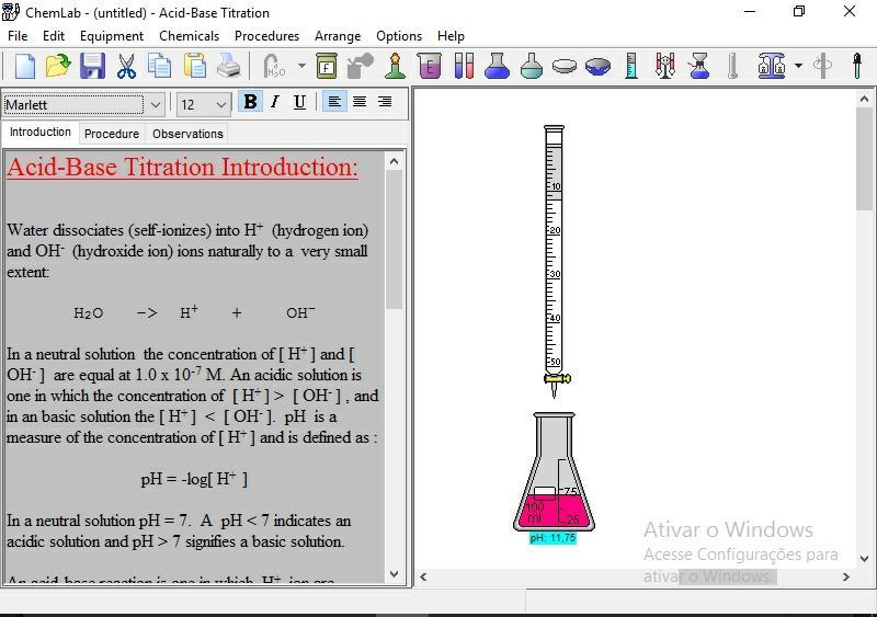 software disponibiliza a simulação de titulação, onde o professor pode trabalhar com os estudantes o conteúdo de acido e