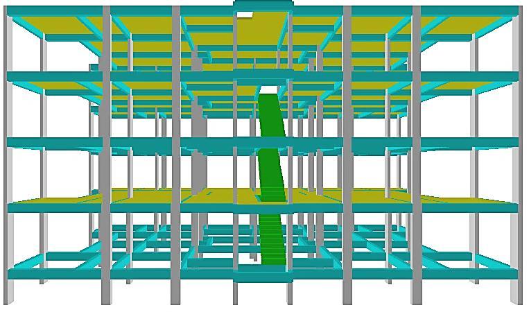 FIGURA 01 - Desenho 3D da estrutura O fechamento adotado foi em alvenaria de tijolos cerâmicos vazados e, lajes constituídas em concreto armado.