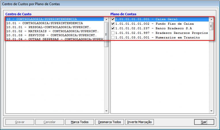 2- Com essa configuração marcada ao filtrar a tela de Associação de Centros de Custos com Planos de Contas (menu Cadastros >Associação Centro Custo X Plano Contas) o sistema mostrará os CENTROS DE