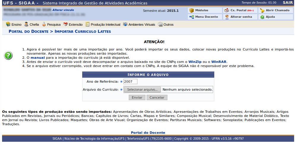 dois campos, o ano de referência e o arquivo xml exportado através da página do CNPQ.