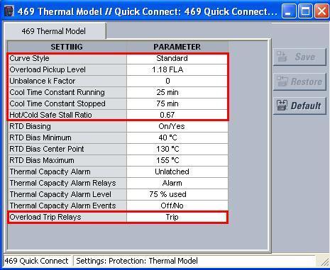 4.6 469 Thermal Model Com um duplo clique em 469 Thermal Model ajusta-se o Tipo de curva utilizada; O valor do pick-up de sobrecarga; O
